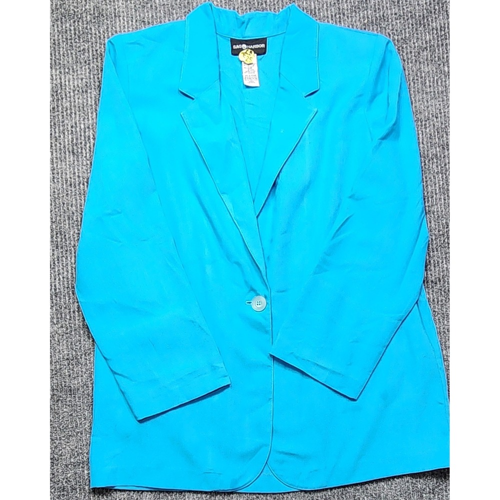 Sag Harbor Turquoise Blue Blazer Jacket Shoulder Pads Size 14